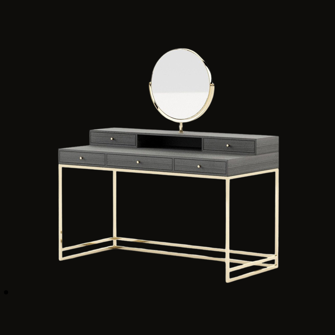 Modern Black Dresser with Circular Mirror and Gold Accents - Handcrafted Luxury Vanity Table - Provance Decoration