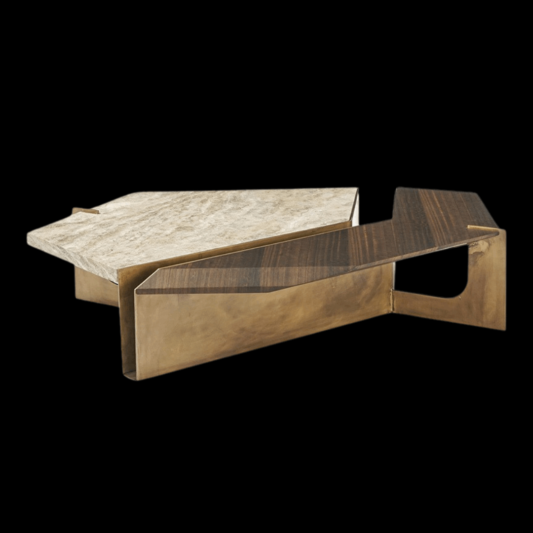 Asymmetric Bronze and Marble Coffee Table with Walnut Accent - Provance Decoration