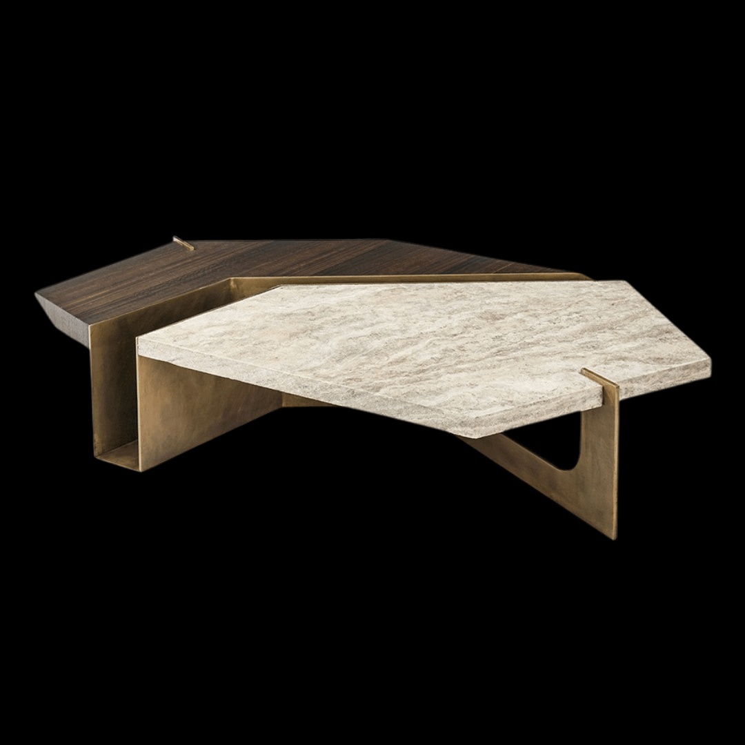Asymmetric Bronze and Marble Coffee Table with Walnut Accent - Provance Decoration