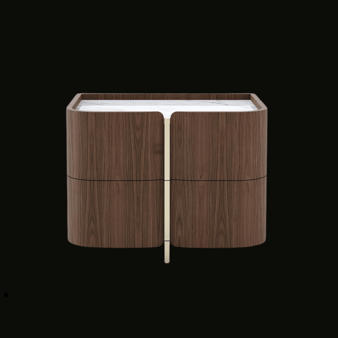 Contemporary Two-Drawer Night Table with Walnut Wood Finish and Gold Accent - Handcrafted Bedside Table - Provance Decoration