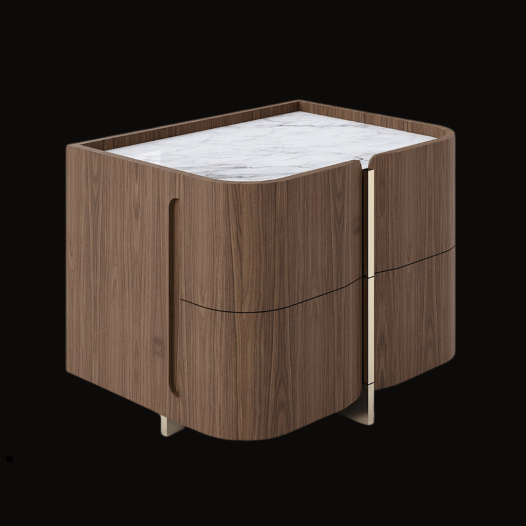 Contemporary Two-Drawer Night Table with Walnut Wood Finish and Gold Accent - Handcrafted Bedside Table - Provance Decoration