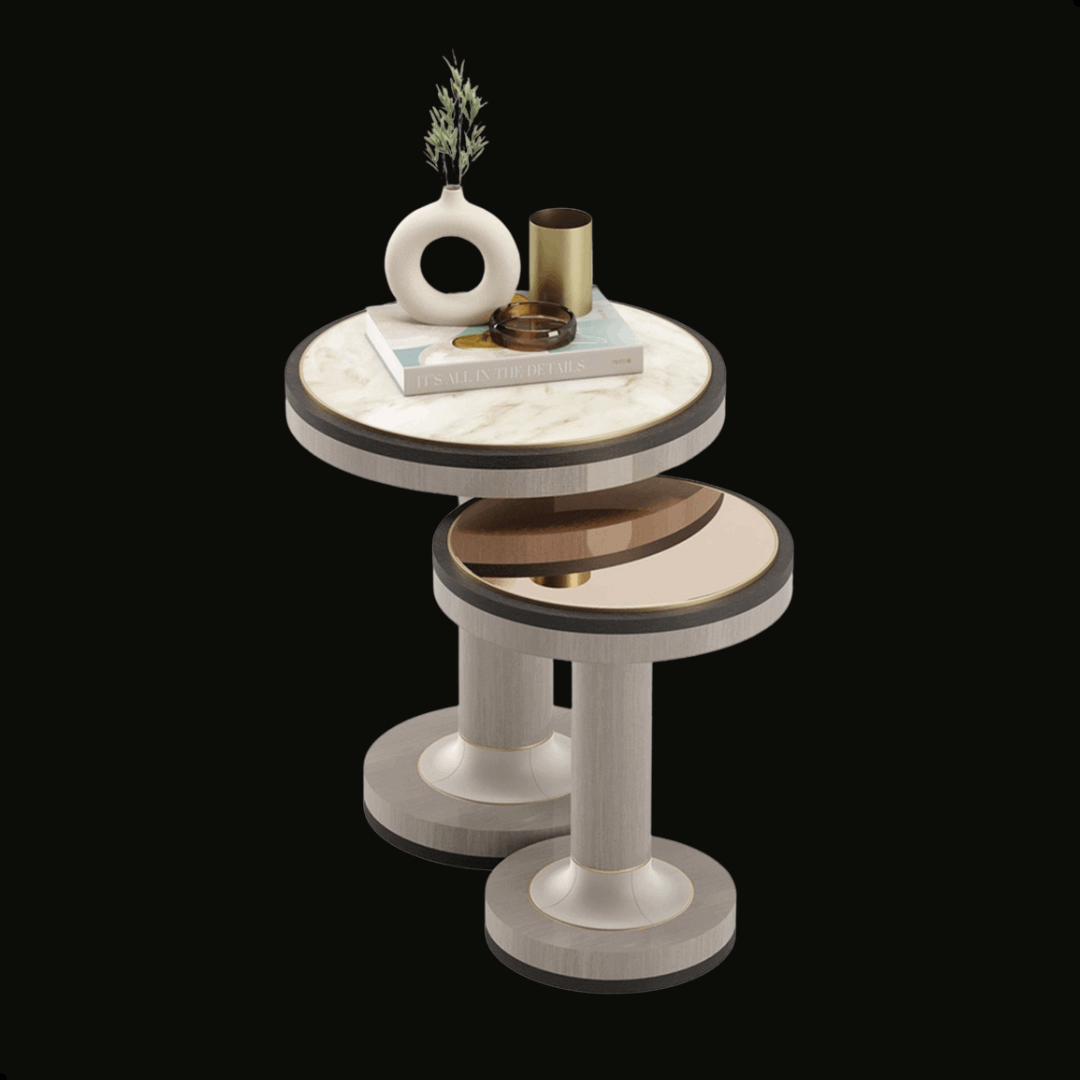 Elegant Nesting Tables with Marble & Hazelnut Mirror Tops - Provance Decoration