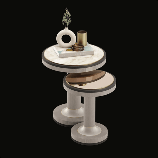 Elegant Nesting Tables with Marble & Hazelnut Mirror Tops - Provance Decoration