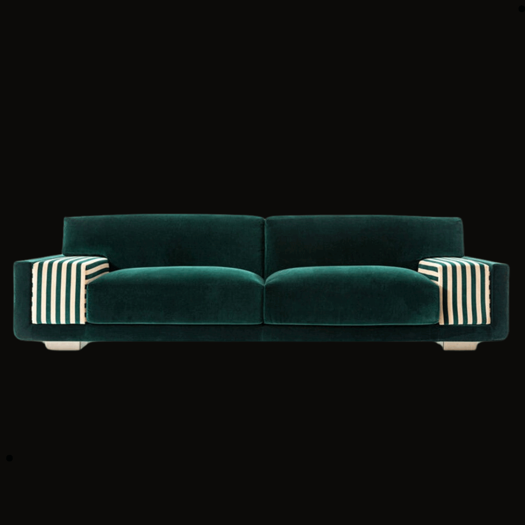 Luxurious Emerald Green Velvet Sofa with Striped Armrest Detailing - Provance Decoration