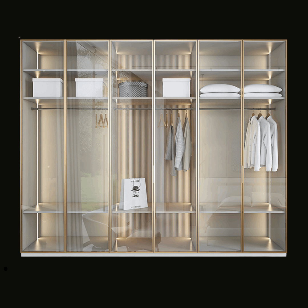 Luxury Glass Wardrobe with Gold Frame and LED Lighting - Handcrafted Modern Closet - Provance Decoration