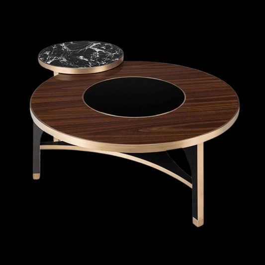 Luxury Two-Tier Round Coffee Table with Black Marble & Walnut Finish - Provance Decoration