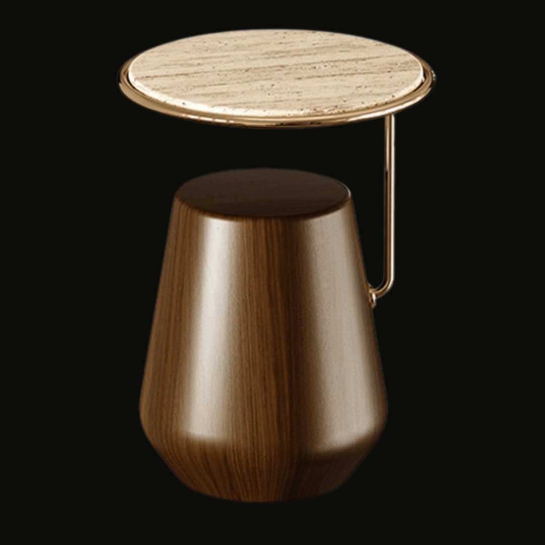 Matte Walnut Wood, Travertino Marble, and Polished Brass Side Table - Provance Decoration