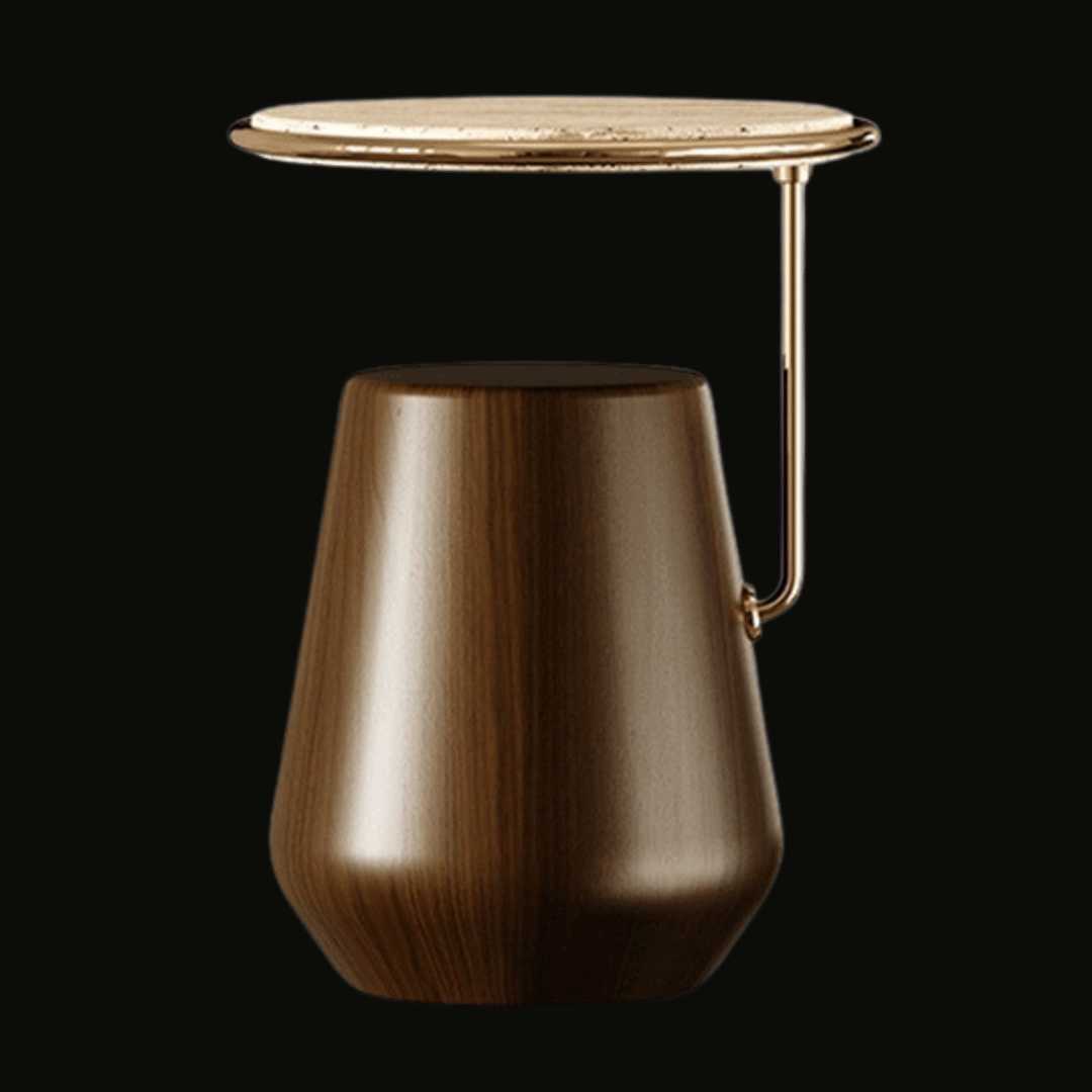 Matte Walnut Wood, Travertino Marble, and Polished Brass Side Table - Provance Decoration