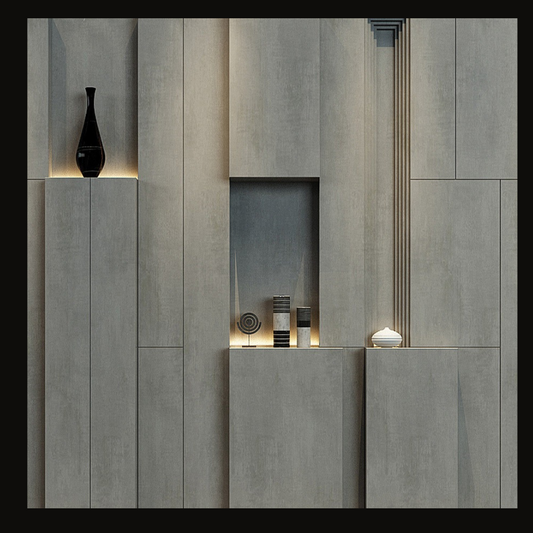 Modern Concrete-Inspired Wall Cladding with Integrated Shelves & LED Accents – WC-022 - Provance Decoration